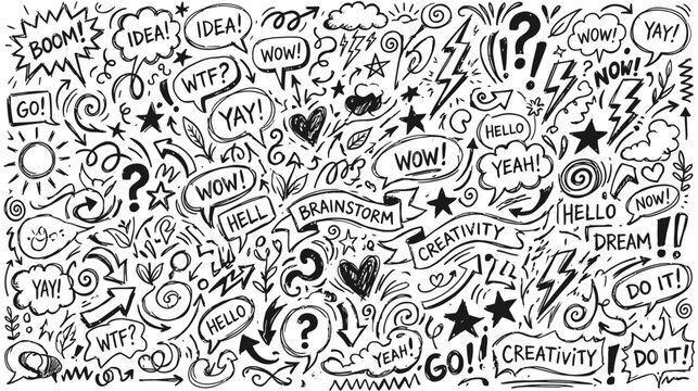 Creative doodle collection featuring speech bubbles stars and handwritten expressions of ideas