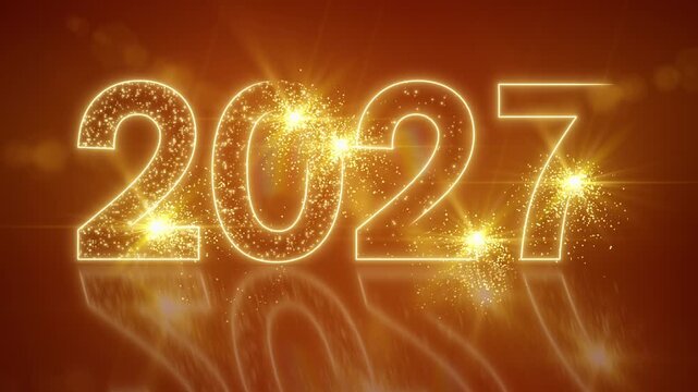 Video animation of abstract neon light with the numbers 2027 on a reflective floor against a red background - represents the new year - vacation concept.