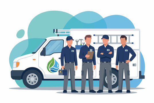 Professional Service Technicians Team with Maintenance Van