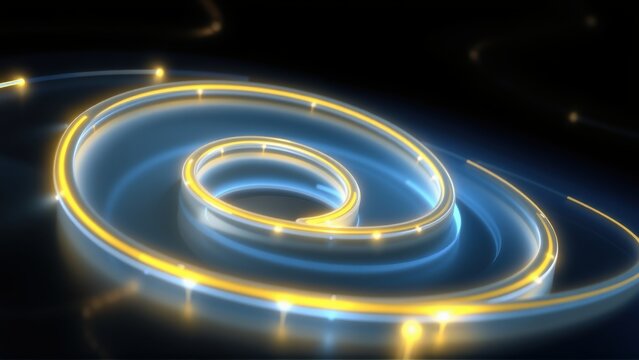 Bright spiral glows, blue plus gold hues. Abstract light trails create dynamic circular pattern against dark backdrop.
