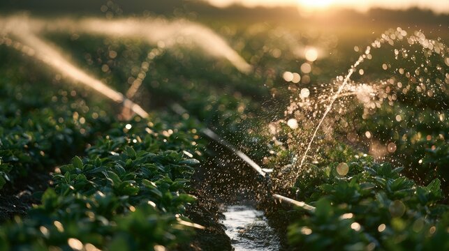 Agricultural sprinkler system sprays water over green crop rows during golden hour sunlight.