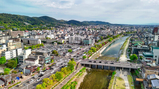 Kyoto aerial view with Kamo River and city buildings urban skyline panorama