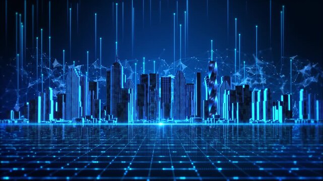 Futuristic city network wireless nodes and luminous connections across an urban skyline. IoT ecosystems, smart infrastructure, broadband, traffic management, sustainability, security mobility.