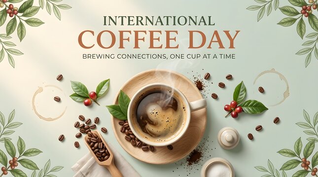 Coffee beans cup and foliage arranged for international coffee day celebration