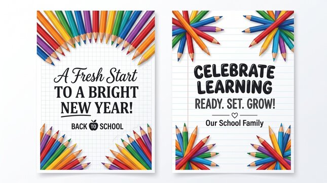 Back to school posters with colorful pencils and inspirational text on white background
