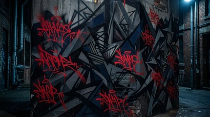 Fototapeta premium Dynamic Dark Urban Street Art Graffiti Background with Sharp Geometric Shapes and Vivid Red Tags abstract flat urban street art graffiti style template background art dynamic red black sharp