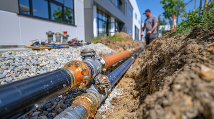 Naklejka premium Orange and blue pipes laid side by side in a narrow trench beside a modern industrial warehouse, freshly excavated gravel and soil, pipe fittings and construction tools arranged near the opening, wo