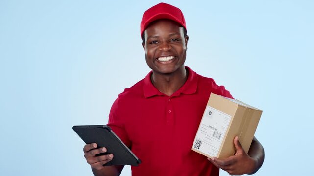 Box, tablet or delivery guy in studio for logistics courier service, product shipping or serving. Package distribution, black man reading or face of a happy worker giving post on blue background