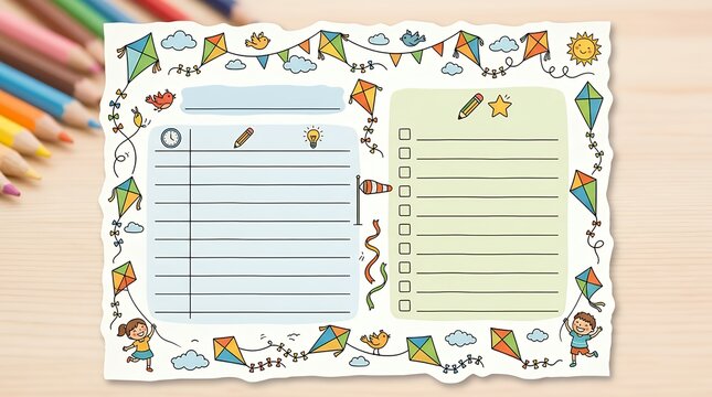 Playful kite themed paper note template with flying toy frame for kids schedule to do list or scrapbook kite toy kids memo note template schedule planner to do list sticker paper scrapbook frame
