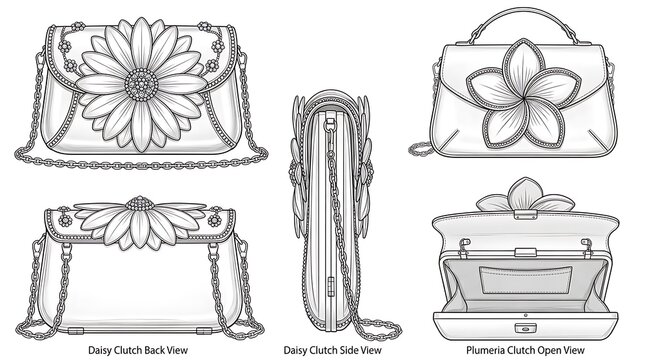Professional fashion design sketches of floral themed clutch handbags featuring multiple perspectives including back, side, and open views for accessory manufacturing and creative style planning.