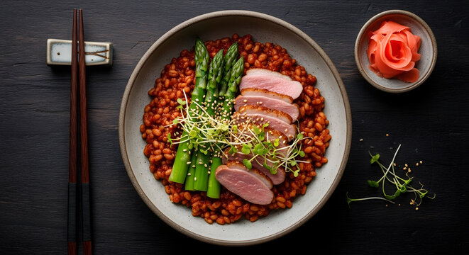 Gourmet dish of duck breast with asparagus on a bed of grain against a transparent background
