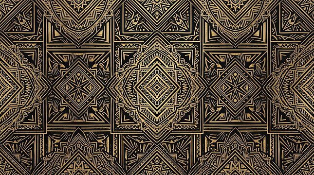 Luxury geometric seamless pattern combining opulent metallic gold details with solid black lines to create an intricate symmetrical tribal ethnic ornament pattern seamless background gold golden