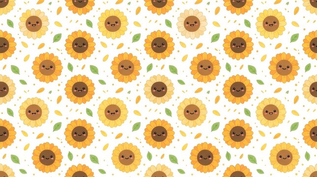 Cheerful pattern of smiling sunflowers with leaves on a bright background for fun and whimsical designs