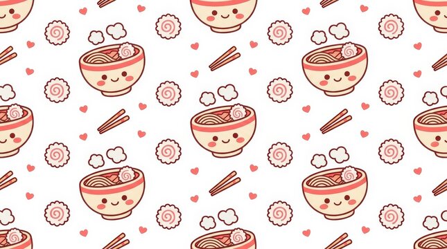 Charming and playful noodle bowl design featuring cheerful faces and fun accessories set against a bright white backdrop