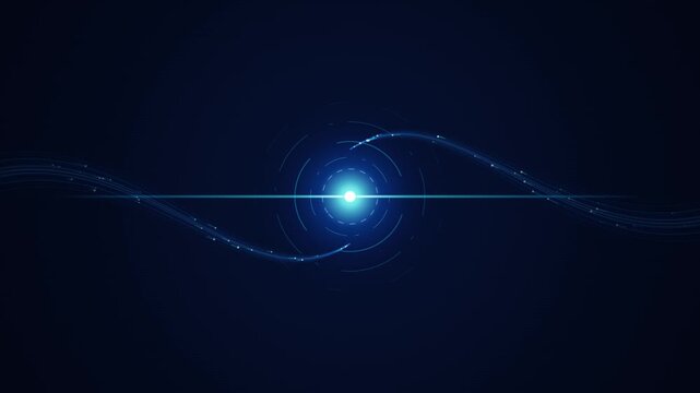Futuristic blue glowing core with concentric radar rings and sweeping data waves spreading across dark cyberspace, advanced technology security shield interface motion graphics animation loop
