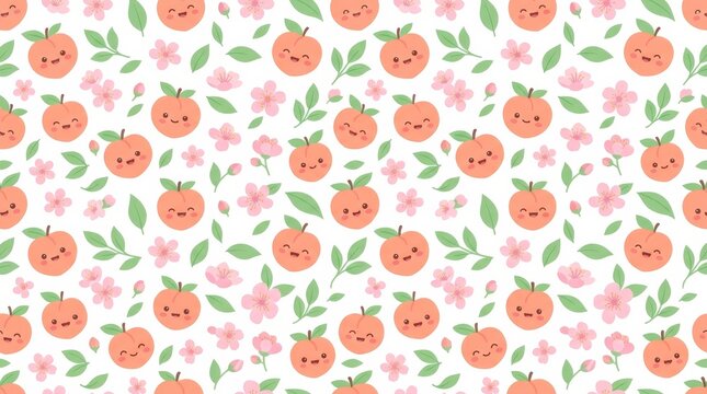 Bright orange design featuring happy faces and pink blossoms set against a clean white backdrop