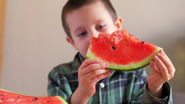 happy smiling young boy taking large fresh slice of red watermelon