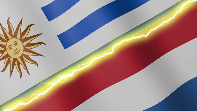 Two waving flags Uruguay and Netherlands with diagonal lightning seamless, 4k loop