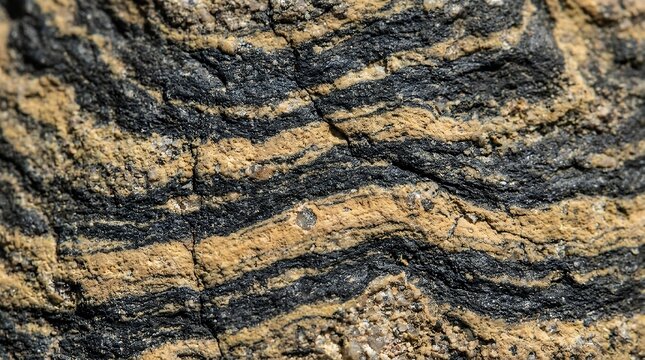 Extremely close macro photography of geological stone formation showing distinct striped sedimentary layers of dark charcoal and pale ochre close-up macro layered mineral rock black tan bands