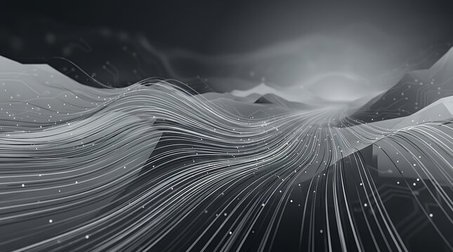 Monochrome digital landscape featuring streaming monochromatic dust motes and fluid motion lines representing progressive technological networks background monochrome digital streaming dust mote