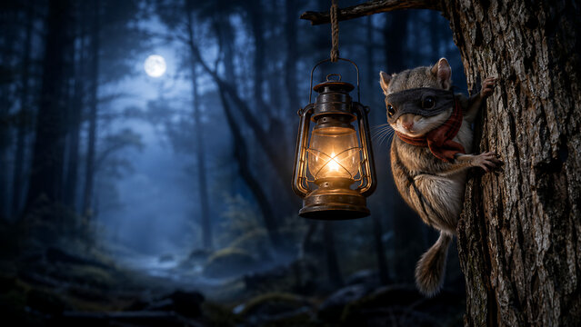 Realistic masked flying squirrel beside a lantern in a moonlit forest