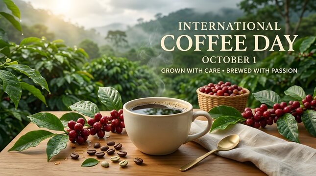Coffee beans cup and foliage celebrate international coffee day in a scenic setting