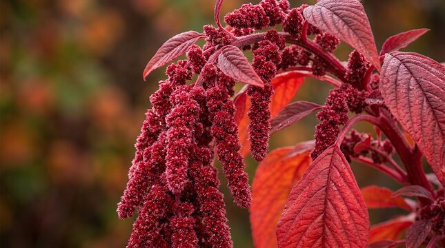 Seasonal velvet plant branches showcasing fiery crimson foliage and dense fuzzy crimson seed clusters captured in macro view rhus typhina bush sumac red autumn leaf fruit cluster closeup background