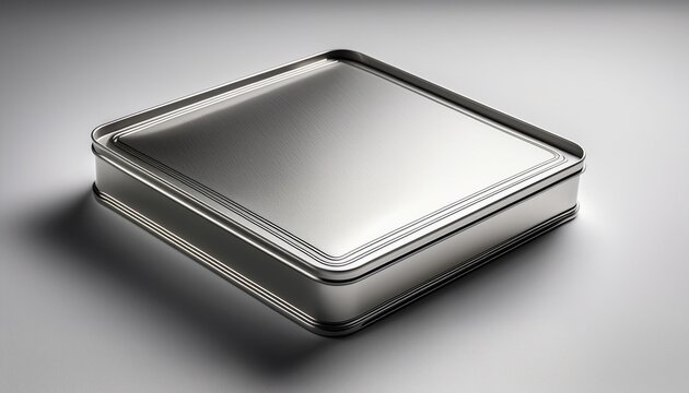 sleek mockup of square tin box with edges centered on smooth white background with even lighting and ample copy space