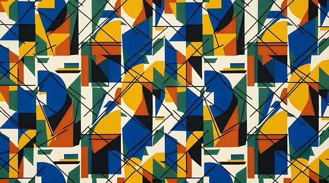 Vibrant midcentury modern repetitive graphic displaying sharp interlocking primary shapes and stark intersecting lines abstract seamless bauhaus pattern colorful geometric background midcentury