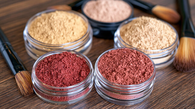 Assorted loose and pressed powders in warm terracotta, rose, peach and beige tones arranged on a dark wooden tabletop, brushes with slightly colored bristles, rich natural shadows, sophisticated bea