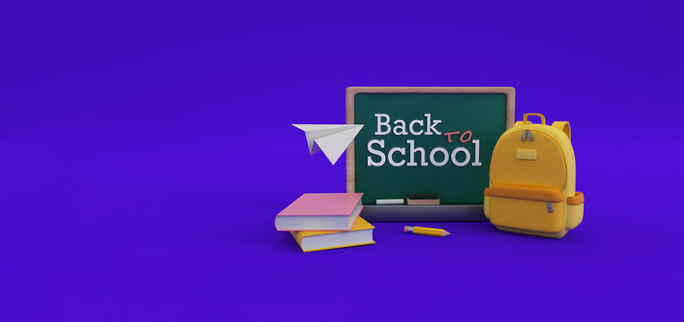 Back to school supplies on purple background