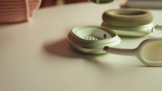 Close view of over-ear headphones on clean flat surface as hand presses earcup, compressing soft foam cushion and revealing inner speaker grille, with warm directional light, smooth textures, and