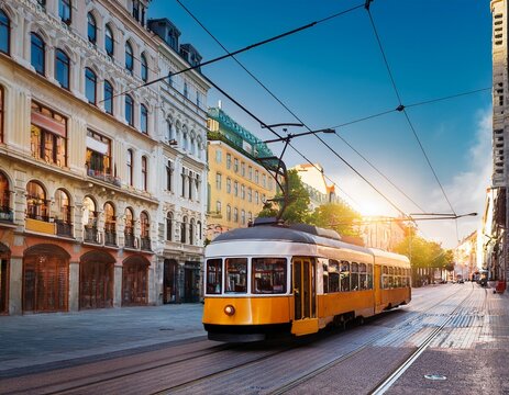 lone brightly colored tram moving through bustling cityscape with significant copy space for text