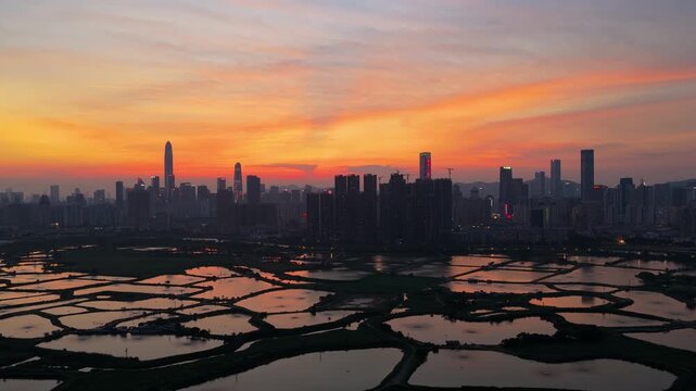 Aerial View of Shenzhen City and Ma Tso Lung Fish Ponds at Sunset, Hong Kong