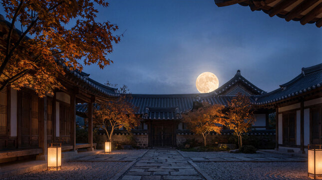 Chuseok Mid Autumn Festival Traditional Korean Hanok House Evening Scene Full Moon Glowing Paper Lanterns Maple Trees Autumn Foliage Zen Garden Courtyard Seoul Heritage Architecture Cultural, 추석