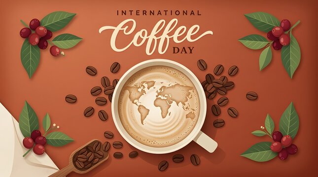 Coffee beans red coffee cherries and a world map in coffee cup vector illustration