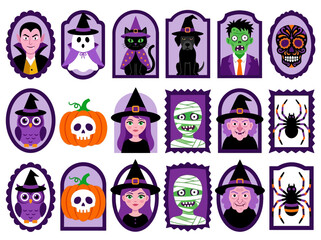 Cute Halloween Vector Character Portraits and Spooky Icons in Frames