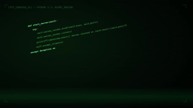 Python 3.11 asynchronous server code loop typing on green terminal screen background, programming concept video loop