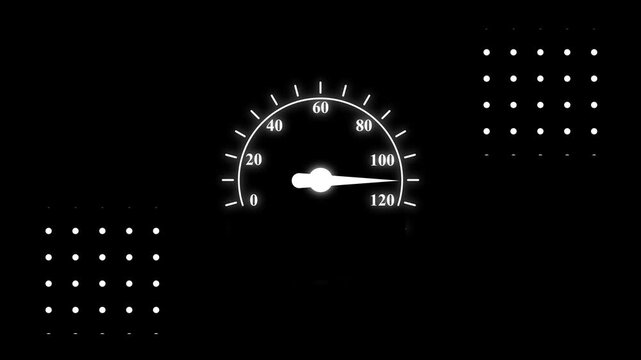 Digital speedometer gauge increasing performance and efficiency indicator white color animation. Car speedometer dashboard. Black background 4k video.