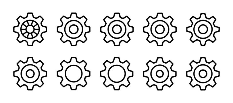 Detailed gearwheel icon set showcases diverse mechanical configurations for industrial design projects.