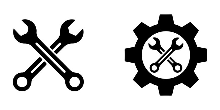 Crossed wrench and gear silhouette set icons symbolize mechanical repair maintenance service concepts.
