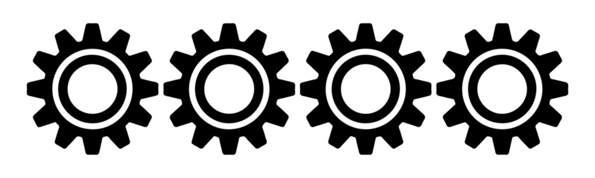 Horizontal row of four identical black gear icons represents mechanical motion and industrial systems.
