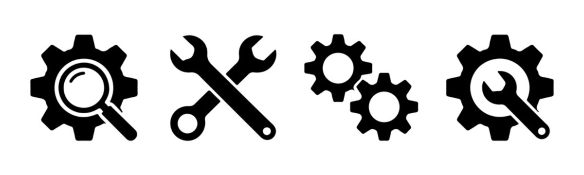 Gear with magnifying glass, crossed wrenches, and interconnected gears black icons set for settings.