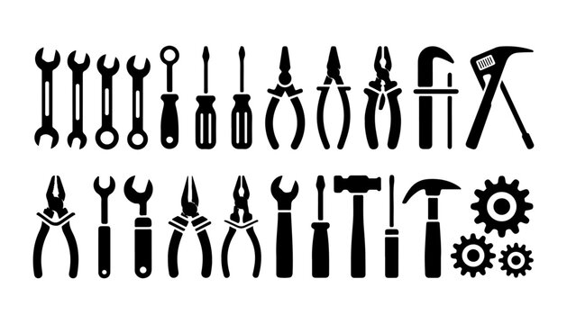 Diverse collection of black silhouette tools including wrenches, pliers, screwdrivers, and hammers for handyman.