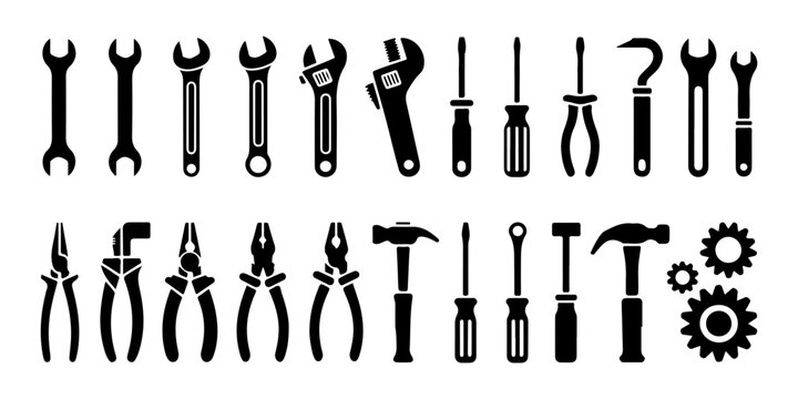 Collection of various hand tools and gears for repair and construction on transparent background.