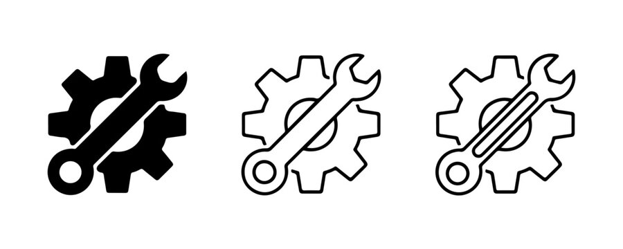 Gear and wrench icon set with black linear and solid styles for mechanical maintenance or repair tools.