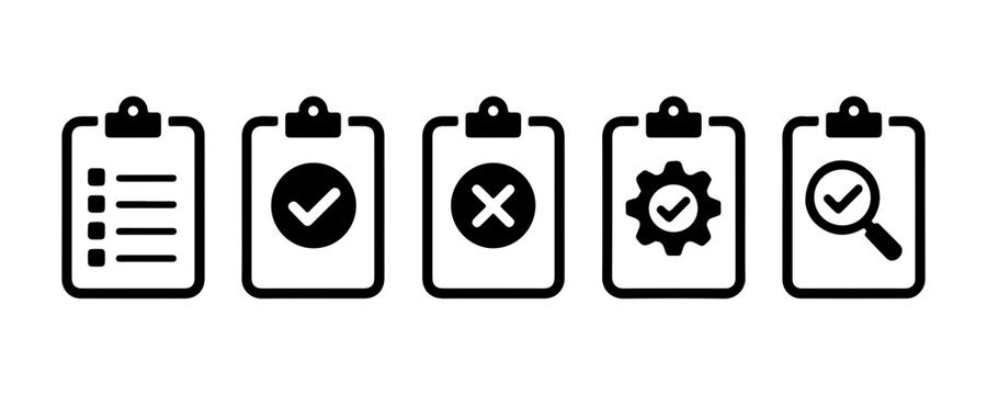 Project management clipboard icons showing task list progress rejection settings and lookup functions.