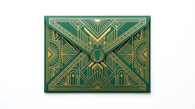Elegant green envelope with ornate gold Art Deco geometric patterns isolated
