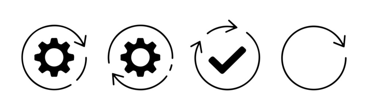 Process update icons with gears and checkmarks inside rotating arrows for workflow and task progress.