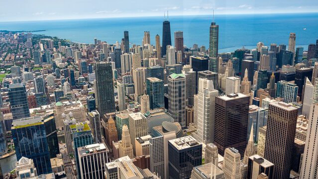 Chicago, IL - July 24, 2024: Aerial view of Chicago skyline. Skyscrapers and city landmarks